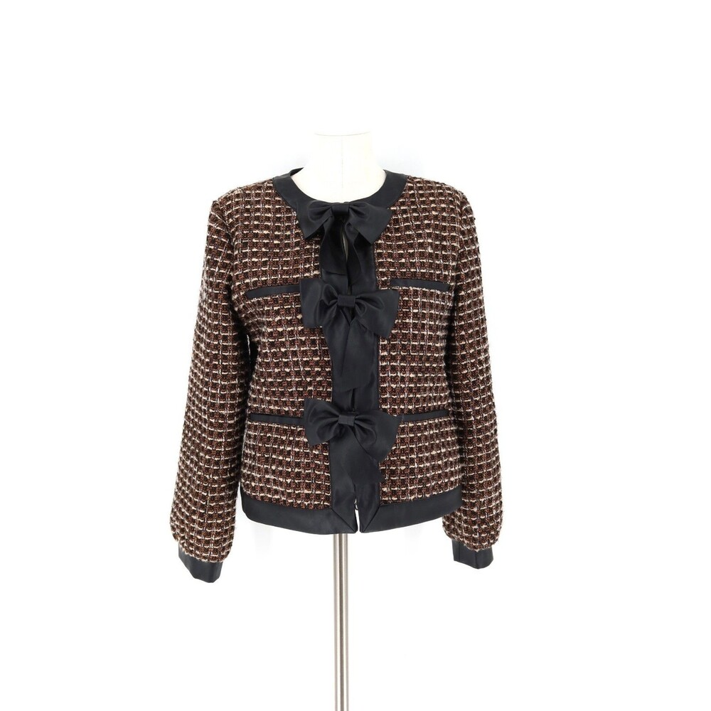 Anthropologie Faux Leather-Trimmed Tweed Brown Black Bow Closure Blazer Jacket M